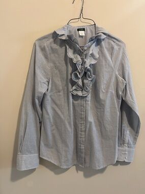 J.Crew Women’s Seersucker Blue and White Striped Soft Cotton Shirt